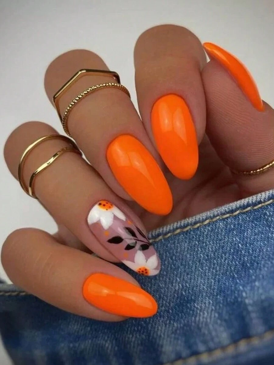 90's Flower Style Press On Nails Medium Almond Orange Manicure Fake Nails Spring Summer Plants Designs Fake Nails -24 Pcs/Box For Women And Girls - Multicolor - View 1