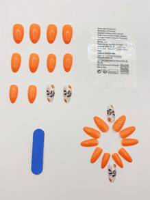 90's Flower Style Press On Nails Medium Almond Orange Manicure Fake Nails Spring Summer Plants Designs Fake Nails -24 Pcs/Box For Women And Girls - Multicolor - View 2
