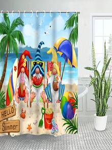 1pc Polyester, Summer Seaside, Shell, Coconut Tree, Baby Face Emoji, Shower Curtain Bathroom Window Curtain Separation Curtains Waterproof And Mildew Proof - Multicolor - View 1