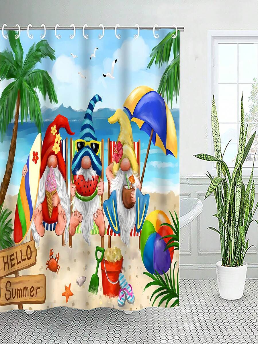 1pc Polyester, Summer Seaside, Shell, Coconut Tree, Baby Face Emoji, Shower Curtain Bathroom Window Curtain Separation Curtains Waterproof And Mildew Proof - Multicolor - View 1