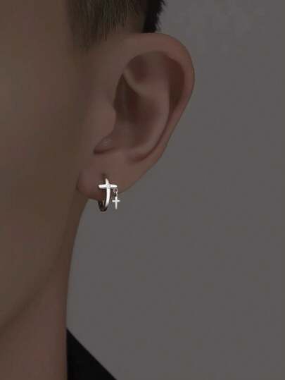 1pc Fashionable Hip-Hop Double Cross Rhinestone Earring, Suitable For Men's Daily, Festival And Party Wear