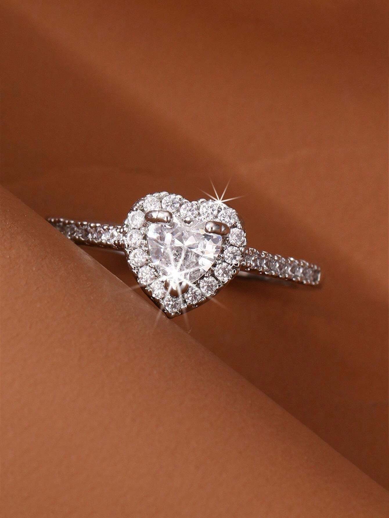 Love Heart Cubic Zirconia Adjustable Rings 1pc Women Imitation Diamond