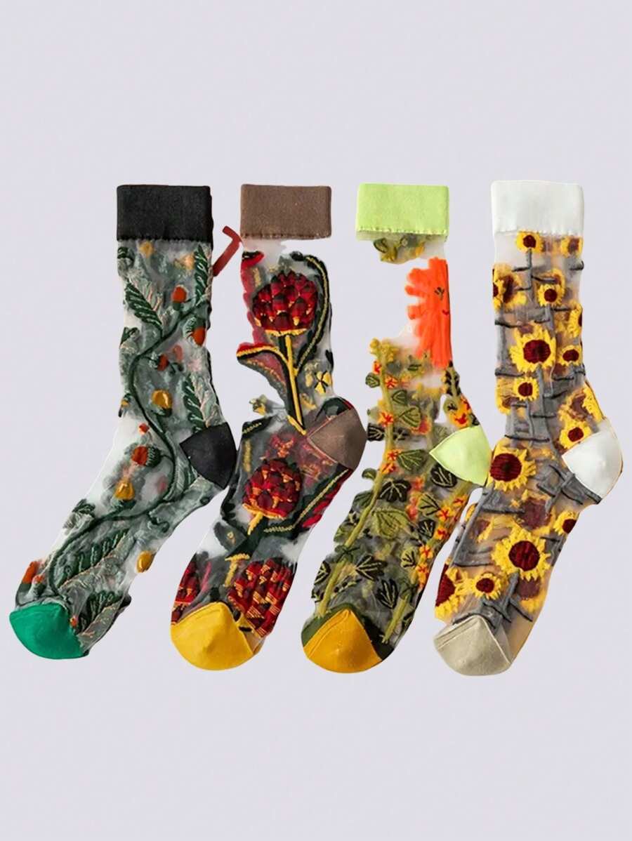 4 Đôi/Bộ Tất lụa thủy tinh mỏng cao đến bắp chân thời trang xuân/hè cho nữ Tất họa tiết hoa nghệ thuật Châu Âu và Mỹ cho nữ Tất cá tính cho cặp đôi Tất phù hợp cho cả cặp đôi - Nhiều màu - Xem 1