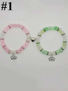 2Pcs Fashionable Bead Bracelets With Lotus &Crown Pendant ,Best Friend Bff Matching Bracelets For Couples Women Men