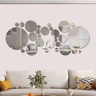 New Style Mirror 32pcs/Set Round Mirror Wall Sticker, Fashionable 3D Stereo Wall Decoration, Mirror Tile, (1 Pack: 32 Pieces) Best Gifts Birthday Graduation Home Decor Back To School Room Decor School Supplies