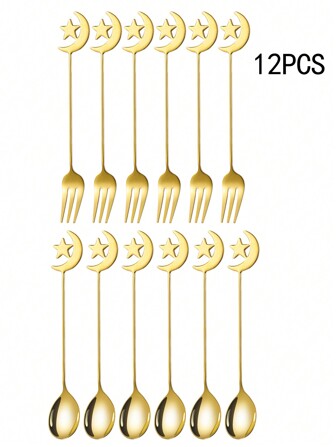 6/8/12 件不锈钢星月形勺子/叉子、咖啡搅拌器、甜点勺子/叉子、蜂蜜搅拌器、水果叉，适用于家庭厨房、餐厅、下午茶聚会、婚礼派对