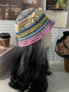 1 chiếc mũ len thủ công mùa thu/đông, họa tiết chấm sọc nhiều màu có nơ trang trí, mũ len ấm áp cho bốn mùa, mũ xô sọc cầu vồng cho nữ - Nơ-Tím - Xem 3