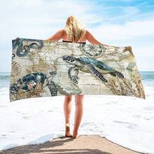 1入復古海洋風格250gsm超細纖維沙灘巾，世界地圖和海龜設計，藏青色無砂輕便快干薄吸水沐浴巾，游泳池露營沙灘配件適合成人兒童旅行度假禮物 - 墨綠色 - 查看 2