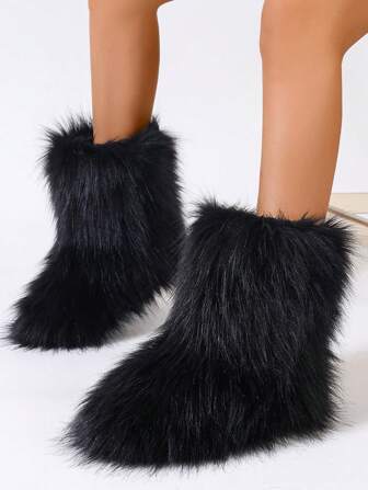 Fashionable Women Fluffy Snow Boots With Thick Warm Fluffy Lining And Imitation Fur Trim, Black