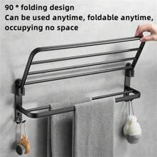 Bathroom Perforated Towel Rack, Space Aluminum Black Bathroom Storage Rack, Folding Towel Rack, Hook, Bathroom Storage And Storage Hardware Hanger