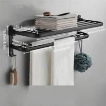 Bathroom Perforated Towel Rack, Space Aluminum Black Bathroom Storage Rack, Folding Towel Rack, Hook, Bathroom Storage And Storage Hardware Hanger