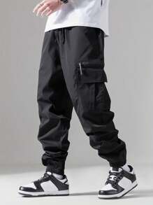 Tween Boy Fashionable Casual Drawstring Waist Cargo Pants For Spring, Summer And Autumn - Black - View 1