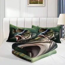 Big Fish Eat Small Fish Pattern Comforter Fishing Themed Bedding Set,Striped Bass Big Pike Fishing Comforter Set. - Green - View 4