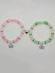 2Pcs Fashionable Bead Bracelets With Lotus &Crown Pendant ,Best Friend Bff Matching Bracelets For Couples Women Men
