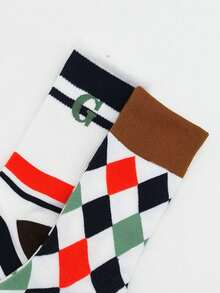 5双女士新奇熊/字母/菱形/条纹图案时尚个性化学院情侣运动中筒袜 - 彩色 - 查看 7