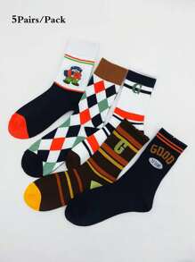 5双女士新奇熊/字母/菱形/条纹图案时尚个性化学院情侣运动中筒袜 - 彩色 - 查看 1