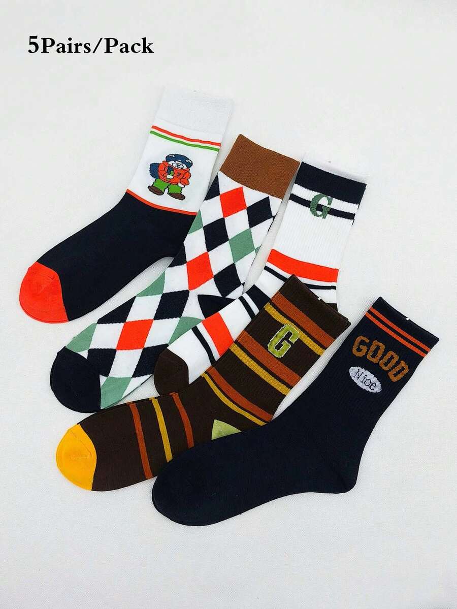 5双女士新奇熊/字母/菱形/条纹图案时尚个性化学院情侣运动中筒袜 - 彩色 - 查看 1