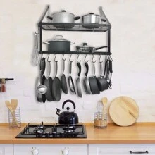 LIVINGANDHOME Living And Home 2 Tiers Wall-Mounted Pot Pan Rack,Saucepan Racks,Pot Holders With 10pcs Removable Hooks,Kitchen Utensils Hanging Shelf,Kitchen Storage Organizer Pot Rack - Black - View 2
