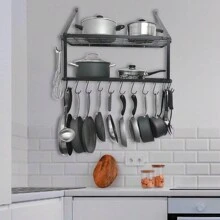 LIVINGANDHOME Living And Home 2 Tiers Wall-Mounted Pot Pan Rack,Saucepan Racks,Pot Holders With 10pcs Removable Hooks,Kitchen Utensils Hanging Shelf,Kitchen Storage Organizer Pot Rack - Black - View 4
