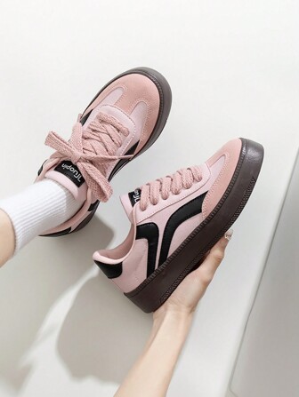 粉色平底乐福鞋，休闲时尚运动鞋，学院风，百搭女鞋（小 1 码）