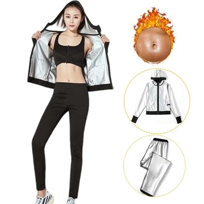 两件套女士桑拿运动服套装 - 全拉链健身桑拿服外套和紧身裤，舒适高效，助您提升运动表现，更快减脂，适合跑步、健身瑜伽等运动，黑色