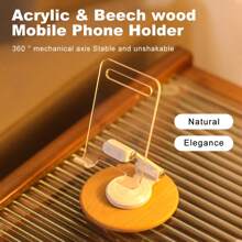 榉木和丙烯酸旋轉式手機座，360°旋轉，可摺疊攜帶，手機桌面座，角度可調整，適用於智慧型手機/電子閱讀器/平板電腦。L72- 360°旋轉手機座 - 卡其色 - 查看 2