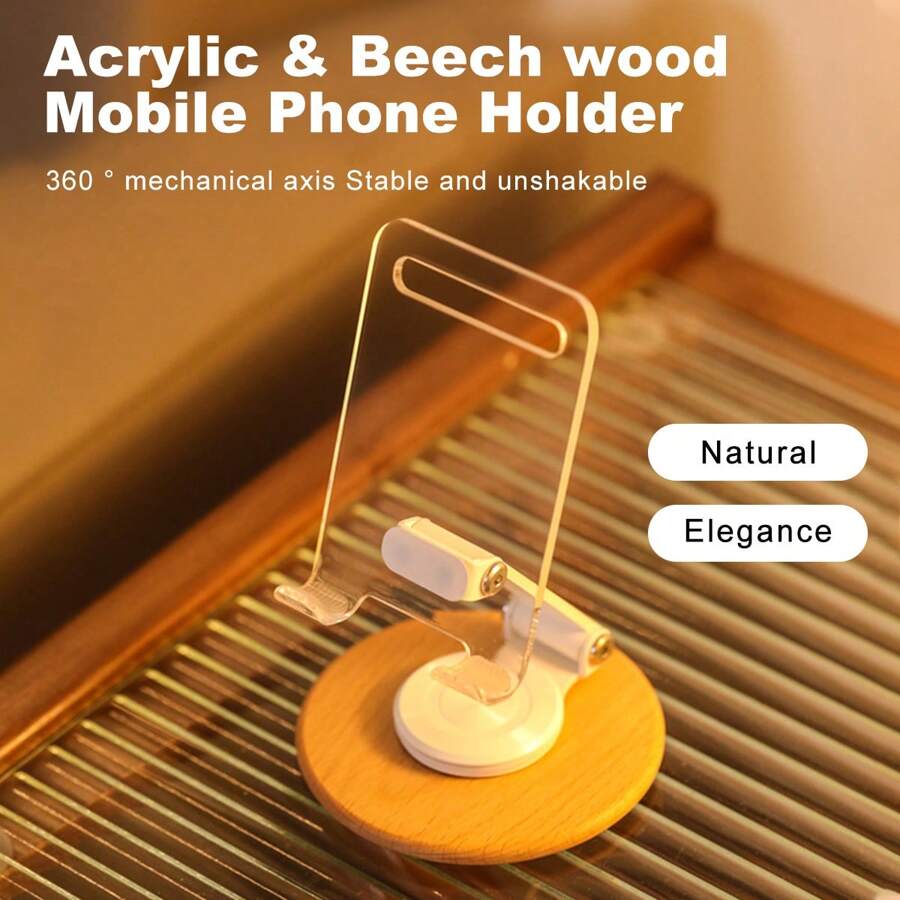 榉木和丙烯酸旋轉式手機座，360°旋轉，可摺疊攜帶，手機桌面座，角度可調整，適用於智慧型手機/電子閱讀器/平板電腦。L72- 360°旋轉手機座