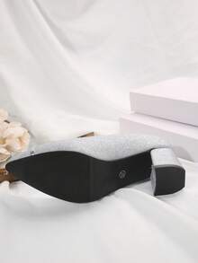 Women Fashionable Pointed Toe Chunky Heel Silver Slip-On High Heel Shoes - Silver - View 7