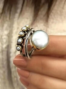 1pc Vintage Style Multilayer Faux Pearl Cocktail Ring For Women Jewelry Accessory