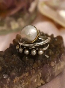 1pc Vintage Style Multilayer Faux Pearl Cocktail Ring For Women Jewelry Accessory