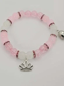 2Pcs Fashionable Bead Bracelets With Lotus &Crown Pendant ,Best Friend Bff Matching Bracelets For Couples Women Men