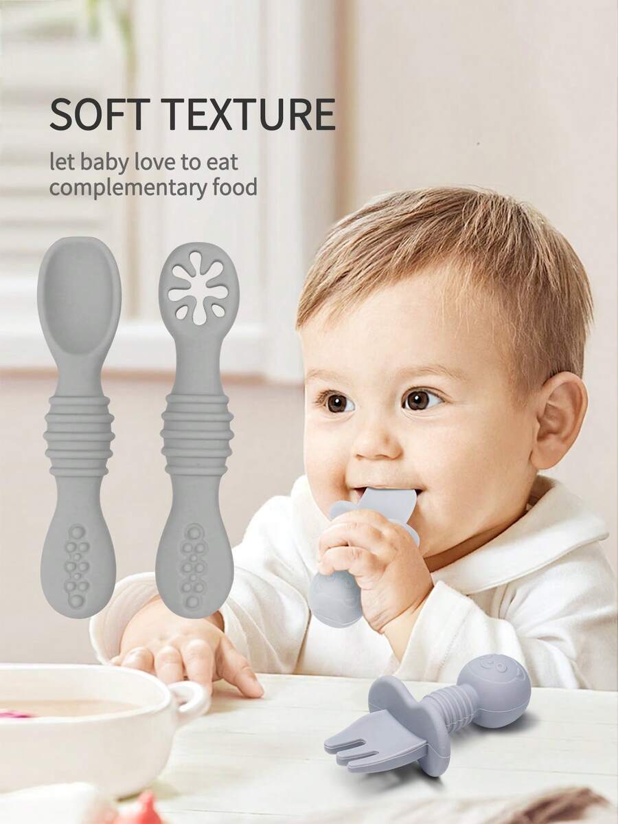 KUNT 1 Set de utensilios de alimentación multifuncionales de silicona para niños, tenedor y cuchara de silicona con diseño de oso, adecuado para el entrenamiento diario de bebés - Gris - Ver 1