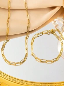 Bộ 2 món dây chuyền và vòng tay bằng thép không gỉ hình kẹp giấy tối giản, thích hợp cho phụ nữ đeo hàng ngày hoặc làm quà tặng cho mẹ. - Vàng - Xem 1