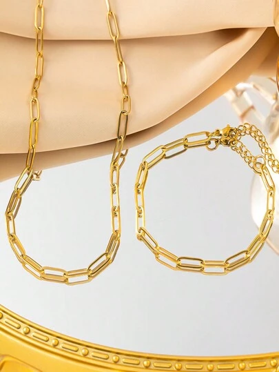 1 套 2 件 18K 镀金不锈钢简约回形针设计项链和手链，适合女性日常佩戴或作为送给母亲的礼物