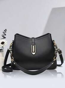 时尚纯色女士手提包、女士链条单肩包、女士 PU 皮革单肩包和手机钱包、水桶钱包 - 黑色 - 查看 5