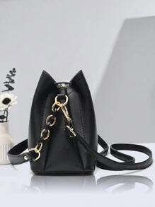 时尚纯色女士手提包、女士链条单肩包、女士 PU 皮革单肩包和手机钱包、水桶钱包 - 黑色 - 查看 7