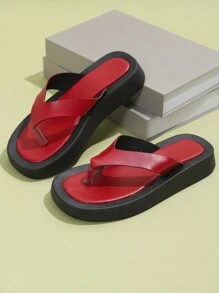 New Arrival Women Casual Comfortable Beach Party Flip Flops Flat Sandals With Leather Toe Thong For Home - Red - View 4