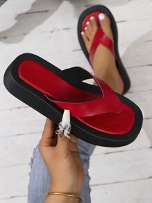 New Arrival Women Casual Comfortable Beach Party Flip Flops Flat Sandals With Leather Toe Thong For Home - Red - View 1