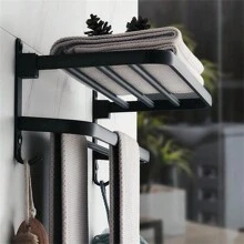 Bathroom Perforated Towel Rack, Space Aluminum Black Bathroom Storage Rack, Folding Towel Rack, Hook, Bathroom Storage And Storage Hardware Hanger