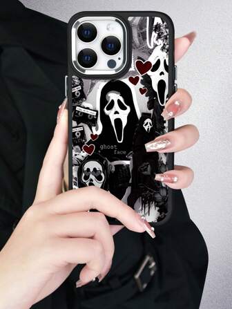Apple Ghost Face 1pc Heart Skull Protective Phone Case With Electroplated Ring Frame And Frosted TPU Back Cover, Shockproof Full Coverage Soft Case Compatible With IPhone 7/8/11/12/13/14/15/X/XR/Xs/Plus/ Pro/Pro Max/SE2 Series