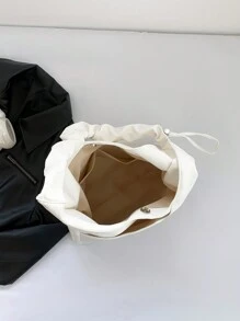 简单、时尚、轻便的女士防水尼龙布手提包，适合年轻人。褶皱肩带可调节长度。这款开放式包包适合所有季节。学校手提包、学校书包、便携、可折叠、商务休闲，适合少女、女大学生、教师、新人及白领工作者大学、度假、海滩、假日、购物 - 白色 - 查看 6