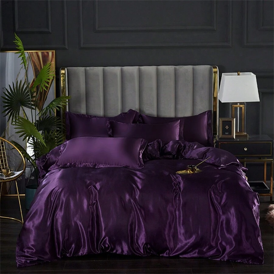 3-Piece Set Cool And Soft Washed Silk Quilt Cover And Pillowcase Set, Modern Style Comfortable And Soft Single/Double Luxury Bedding Set, Multiple Sizes Available, Machine Washable, Suitable For Bedroom Home Use - Purple - View 1