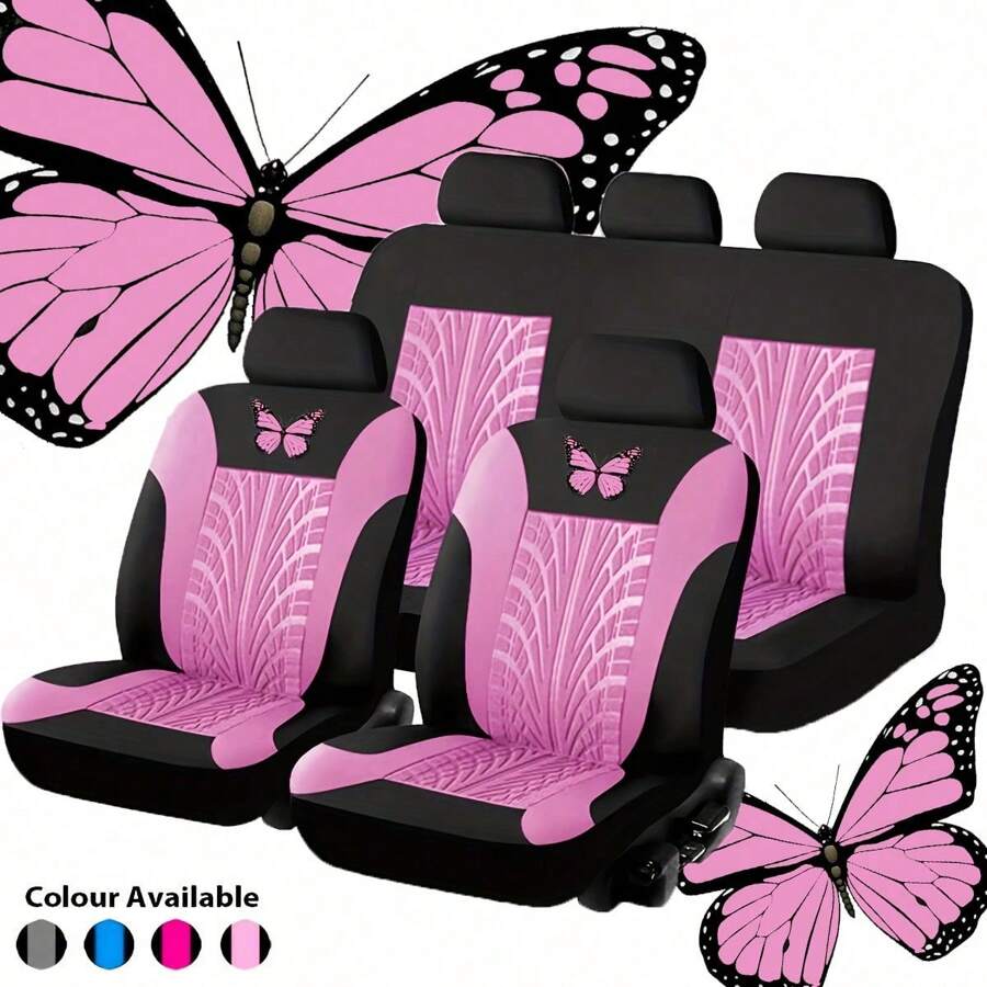 Butterfly Embossed Fabric Chair Cover Set (9 Pieces) Car Interior