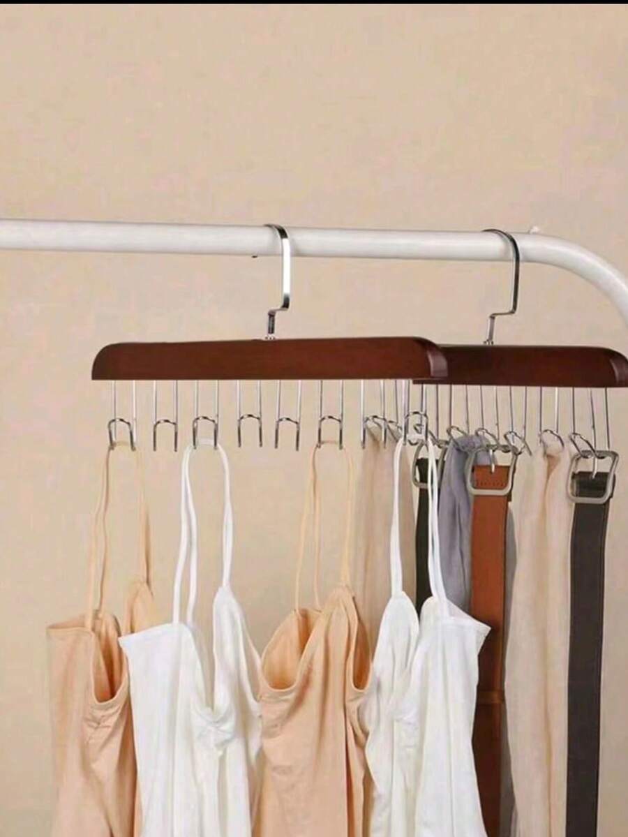 1pc Multi-Functional Wooden Clothes Hanger, Suitable For Storing, Drying, And Organizing Underwear, Vest, Hanging In The Wardrobe, A Magic Tool For Collecting Bra, Sling, Vest, Solid Wooden Clothes Rack For Home, Organizing Hanger For Pantyhose, Underwear. - Coffee Brown - View 1
