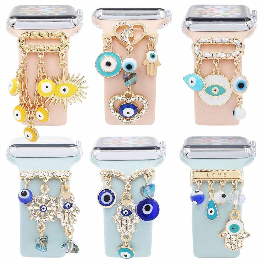 1入組時尚女性通勤風格藍色邪惡之眼設計鑲嵌鑽石手錶，配裝飾扣可與 Apple Watch 38/40/41/42/44/45/49mm 兼容。時尚高端女士矽膠表帶裝飾環和表帶扣可與 Apple Watch 系列 Ultra 9/8/7/6/5/4/3/2/1 Se 兼容。 - 彩色 - 查看 1