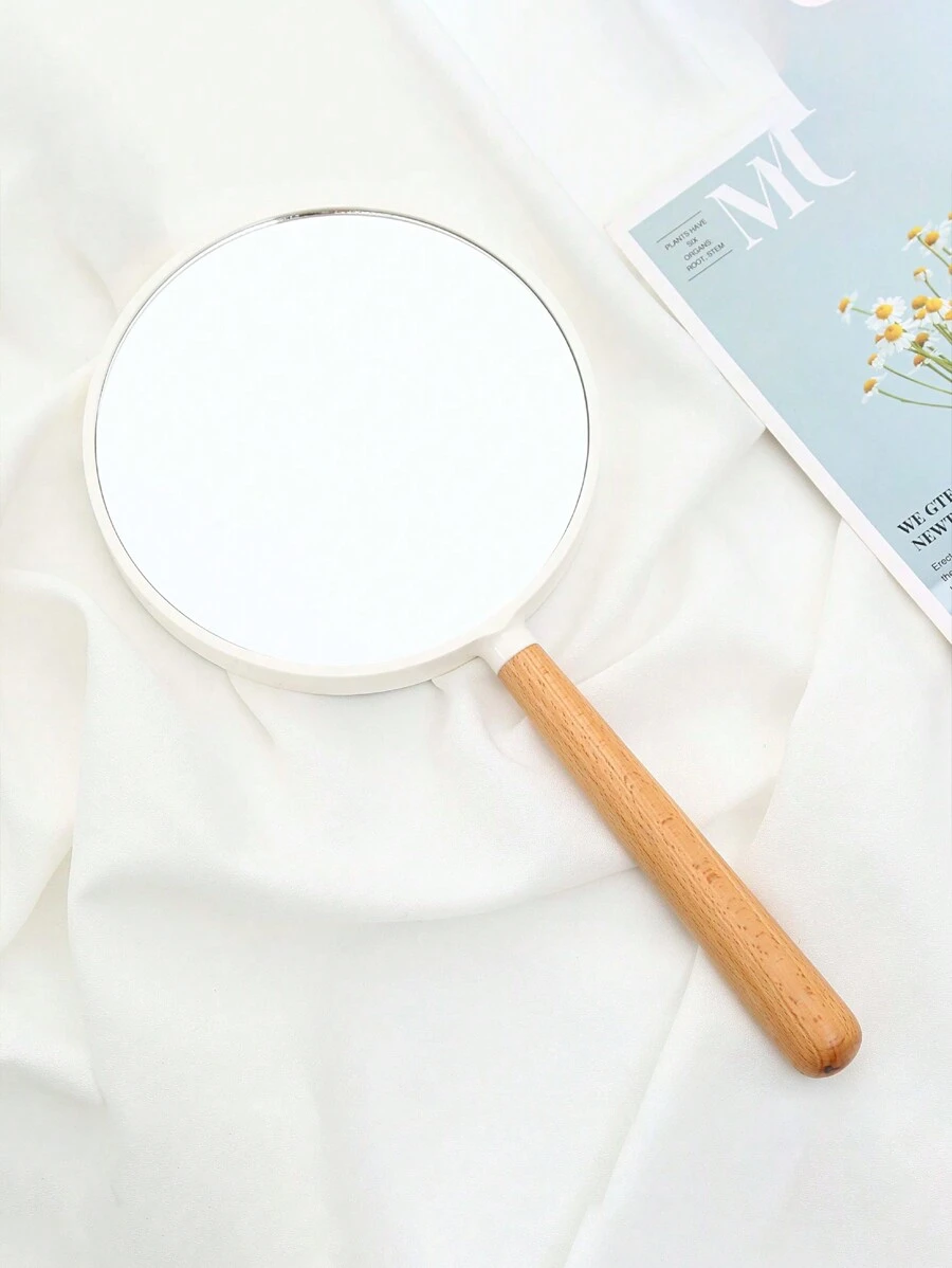Wooden Handled Makeup Mirror, 1pc 12.4 Inch Makeup Mirror, Handheld Mirror With Wooden Handle, Cosmetic Unilateral Mirror, Double Sided Magnifying Mirror, Wooden Dressing Mirror - Multicolor - View 1