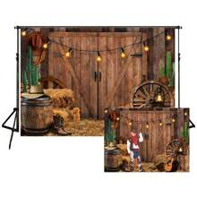 Toile de fond style cow-boy occidental, décoration de bar pour fête cow-boy occidentale, décoration de style campagne vintage ancien Far West, roue, grange, guitare en bois, décor de ferme style vintage, arrière-plan photo, accessoire de prise de vue - multicolore - Voir 2