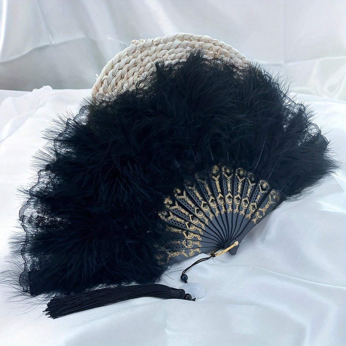 DHWEKU 1pcs Abanico Plumas Años 20, Abanicos Plumas en Encaje Elegantes Abanico Plegable Negro Vintage Mujer, Abanico de Plumas de Mano Grandes Abanico Novia Boda Baile Fiesta DHWEKU 1pcs Abanico Plumas Años 20, Abanicos Plumas en Encaje Elegantes Abanico Plegable Negro Vintage Mujer, Abanico de Plumas de Mano Grandes Abanico Novia Boda Baile Fiesta