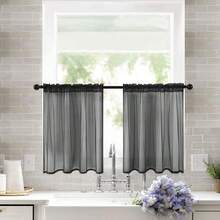 1 Panel Short Curtains Panels Rod Pocket Heading Window Screening Waffle Weave Tier Curtains Gauze Tulle Drape Sheer Voile Valance 3 Sizes - Black - View 2