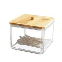1pc Wooden Lid Square Pad Organizer Box, Transparent Makeup Remover Pad Case Bathroom Storage Container - Clear - View 5